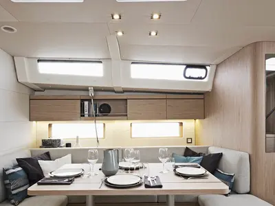 Salon of Sunsail 46.4 Premium, a Beneteau Oceanis 46.1 sailboat at Cannigione, Italy