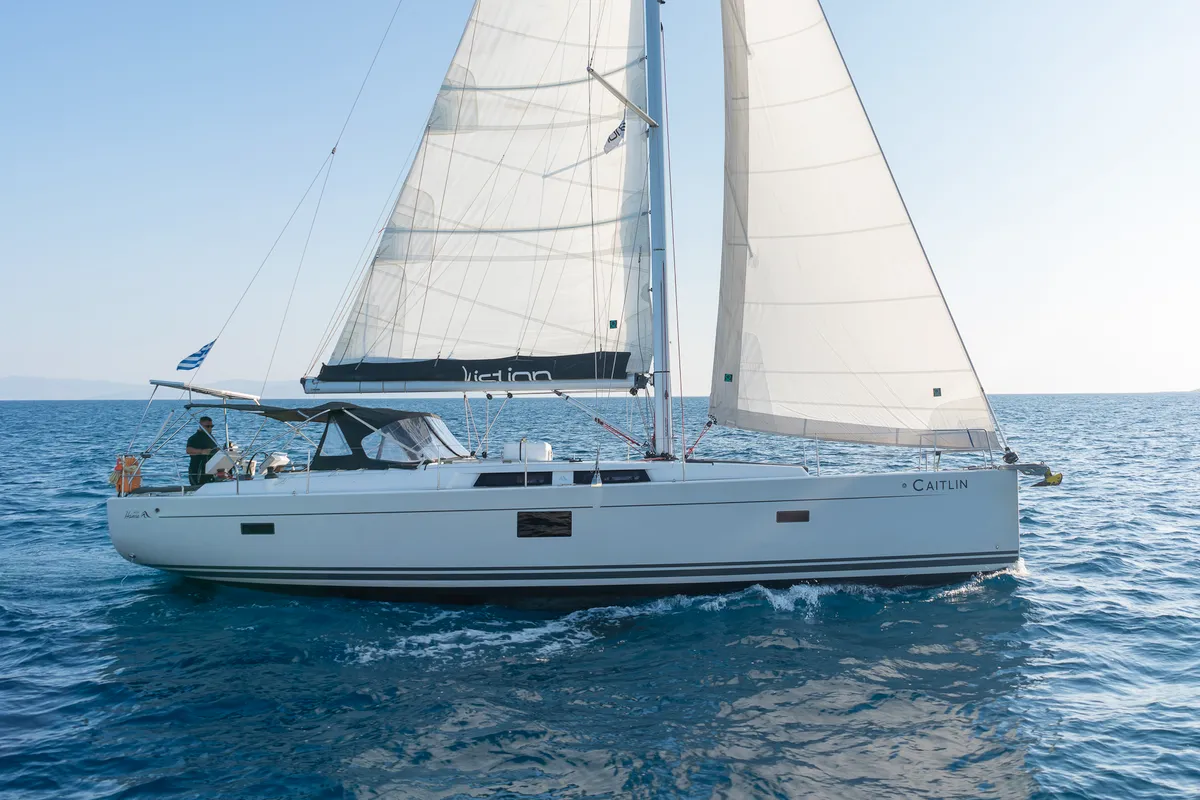 Exterior view of Caitlin of Lorne, a Hanse 455 sailboat at Kos, Greece