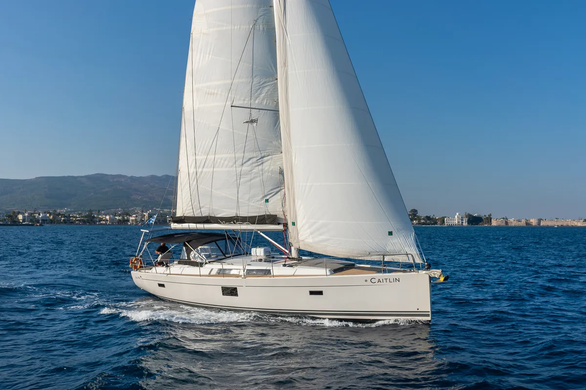 Exterior view of Caitlin of Lorne, a Hanse 455 sailboat at Kos, Greece