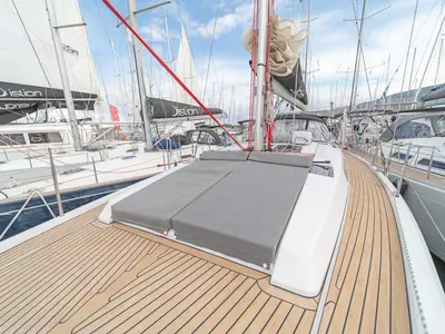 Deck of Caitlin of Lorne, a Hanse 455 sailboat at Kos, Greece