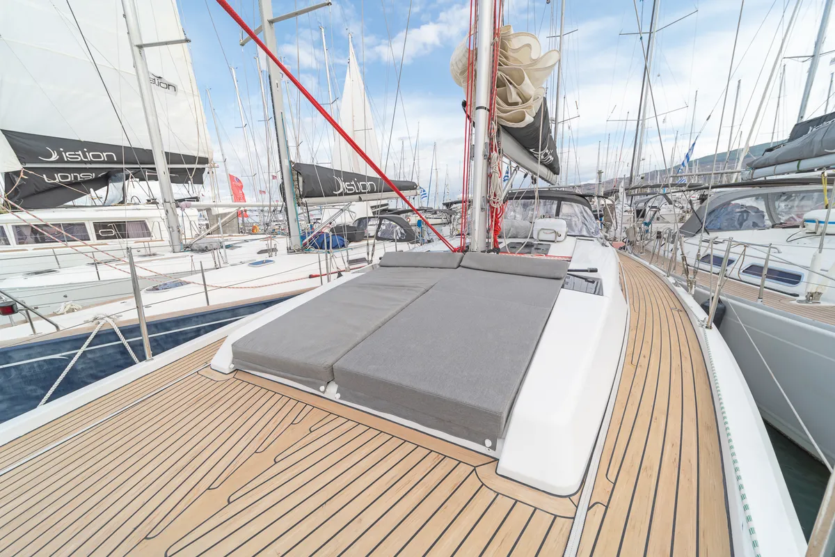 Deck of Caitlin of Lorne, a Hanse 455 sailboat at Kos, Greece