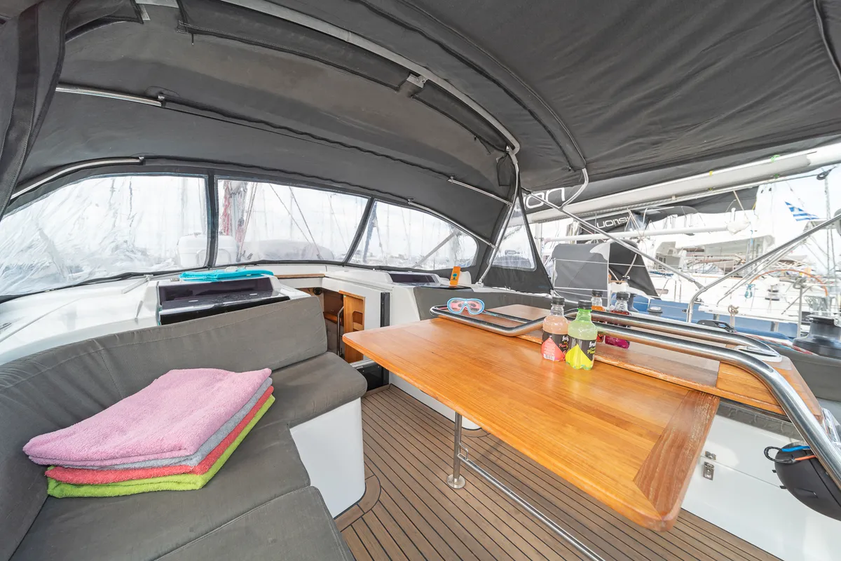 Deck of Caitlin of Lorne, a Hanse 455 sailboat at Kos, Greece