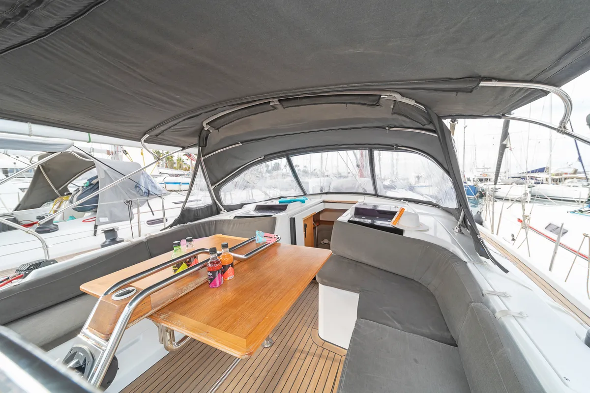 Cockpit of Caitlin of Lorne, a Hanse 455 sailboat at Kos, Greece
