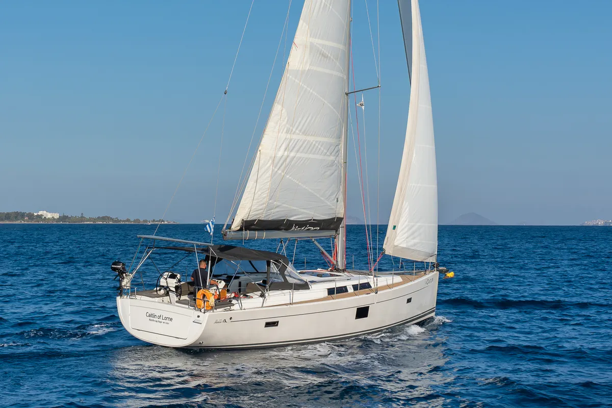 Exterior view of Caitlin of Lorne, a Hanse 455 sailboat at Kos, Greece