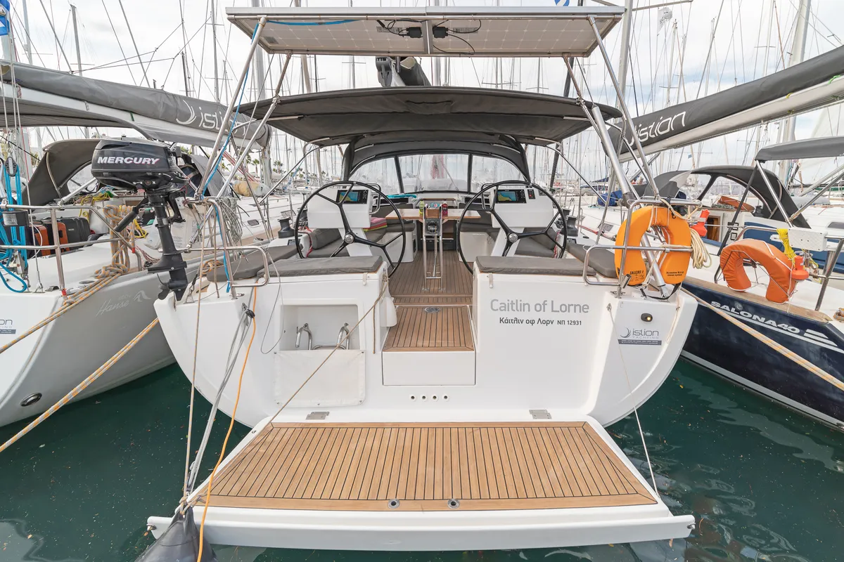 Cockpit of Caitlin of Lorne, a Hanse 455 sailboat at Kos, Greece