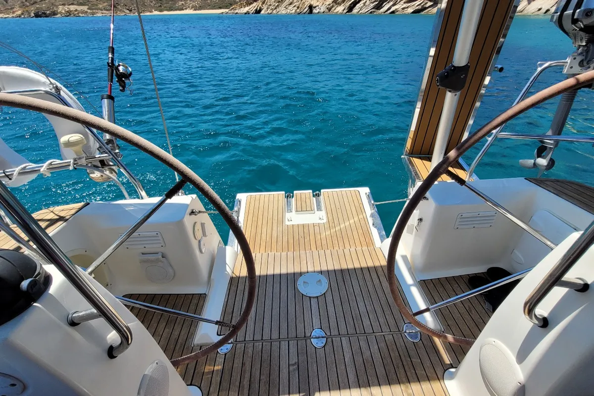 Cockpit of Black Pearl, a Bavaria 40 sailboat at Athens, Greece