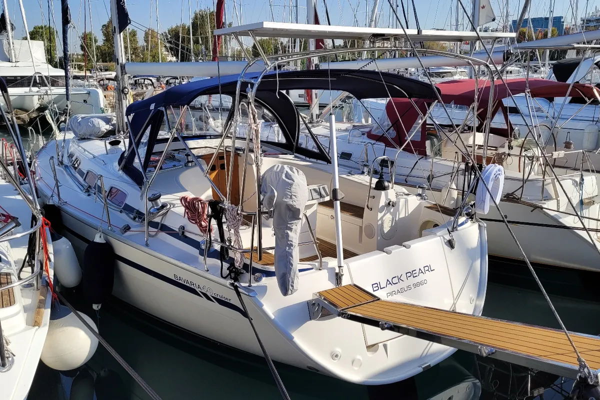 Exterior view of Black Pearl, a Bavaria 40 sailboat at Athens, Greece