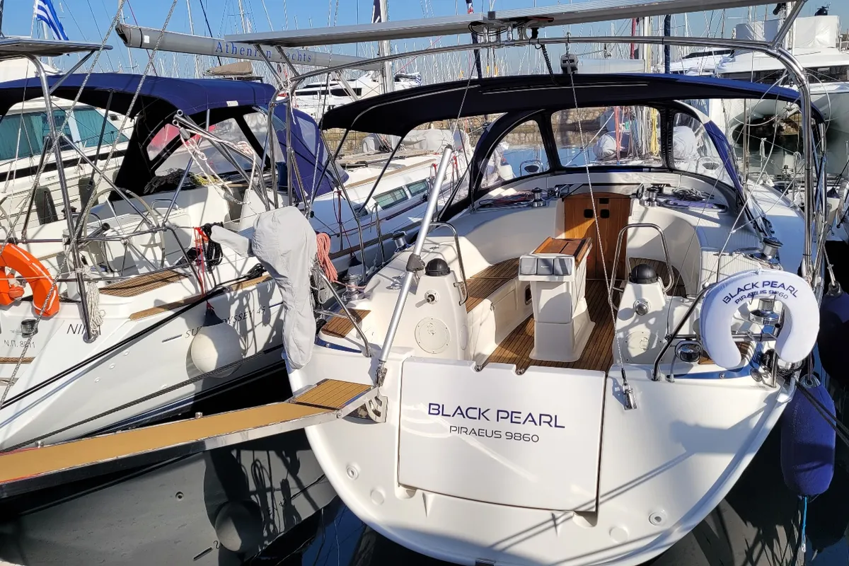 Exterior view of Black Pearl, a Bavaria 40 sailboat at Athens, Greece