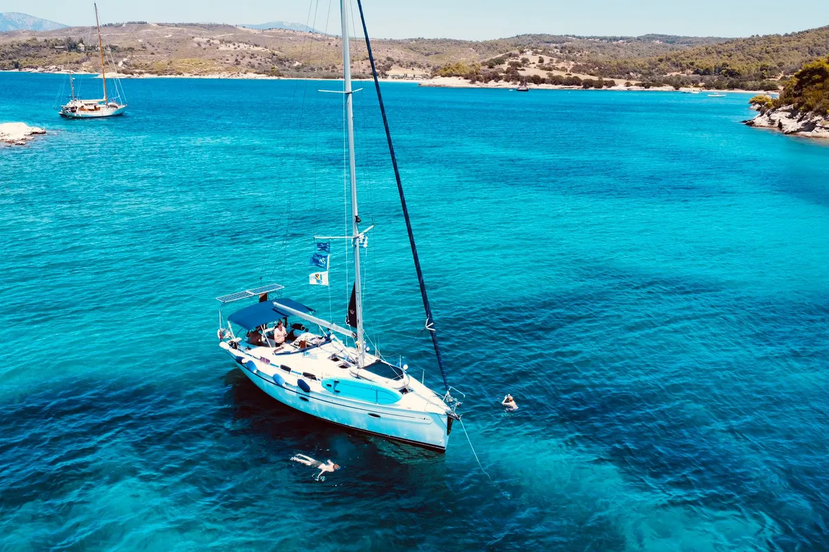 Exterior view of Black Pearl, a Bavaria 40 sailboat at Athens, Greece