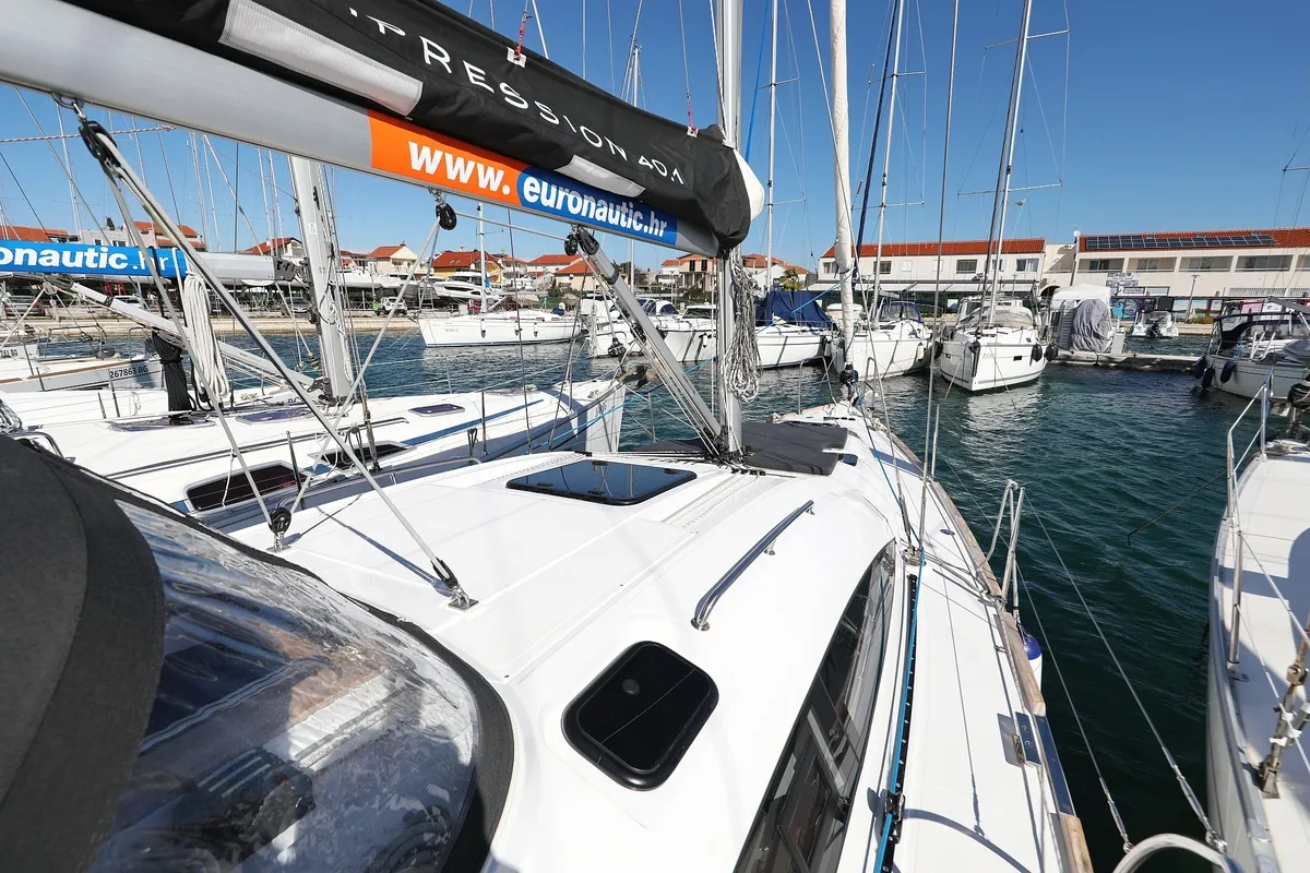 Deck of Eliana, a Elan Impression 40.1 sailboat at Pirovac, Croatia
