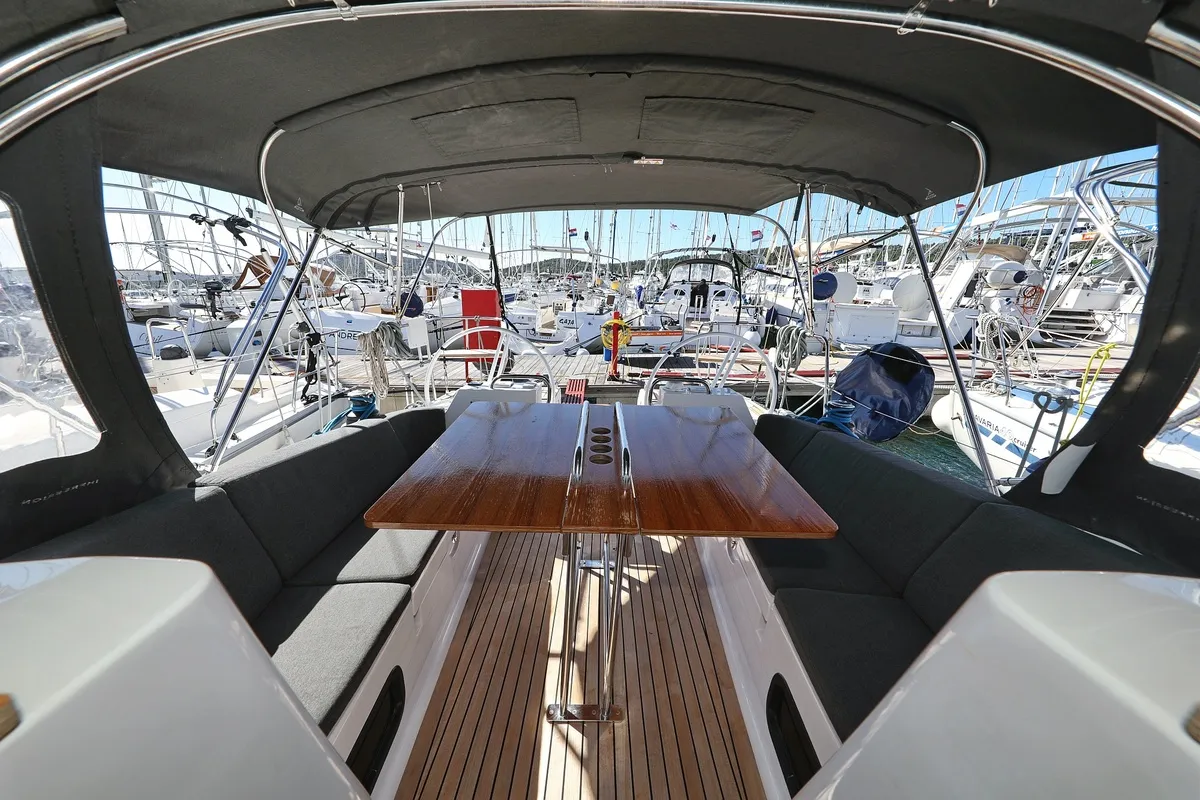 Deck of Eliana, a Elan Impression 40.1 sailboat at Pirovac, Croatia