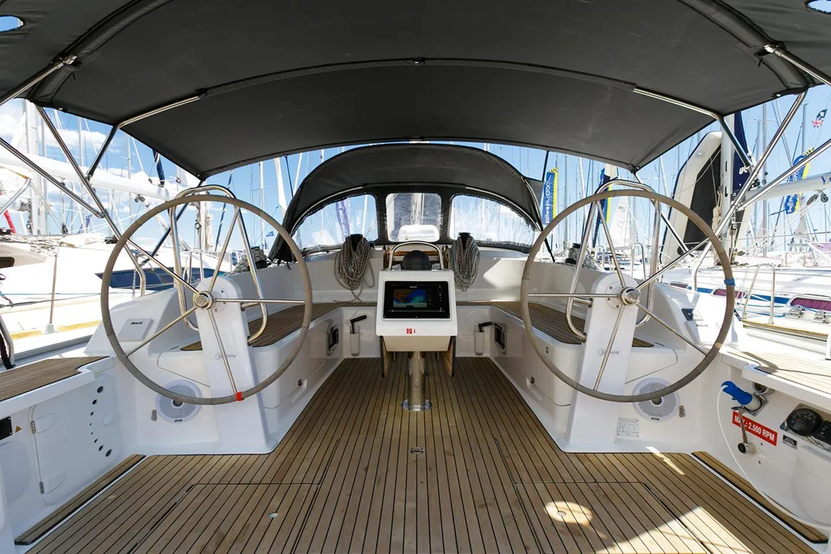 Cockpit of Lučija, a Bavaria Cruiser 46 sailboat at Split, Croatia