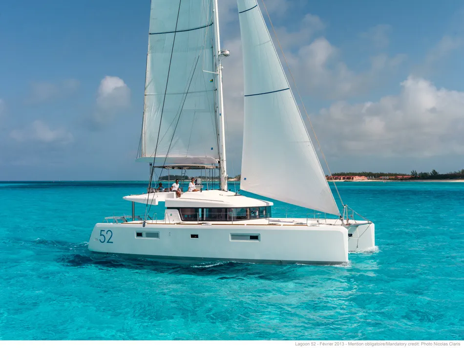 Exterior view of Madinina, a Lagoon 52 F - 4 + 2 cab. catamaran at Lavrion, Greece