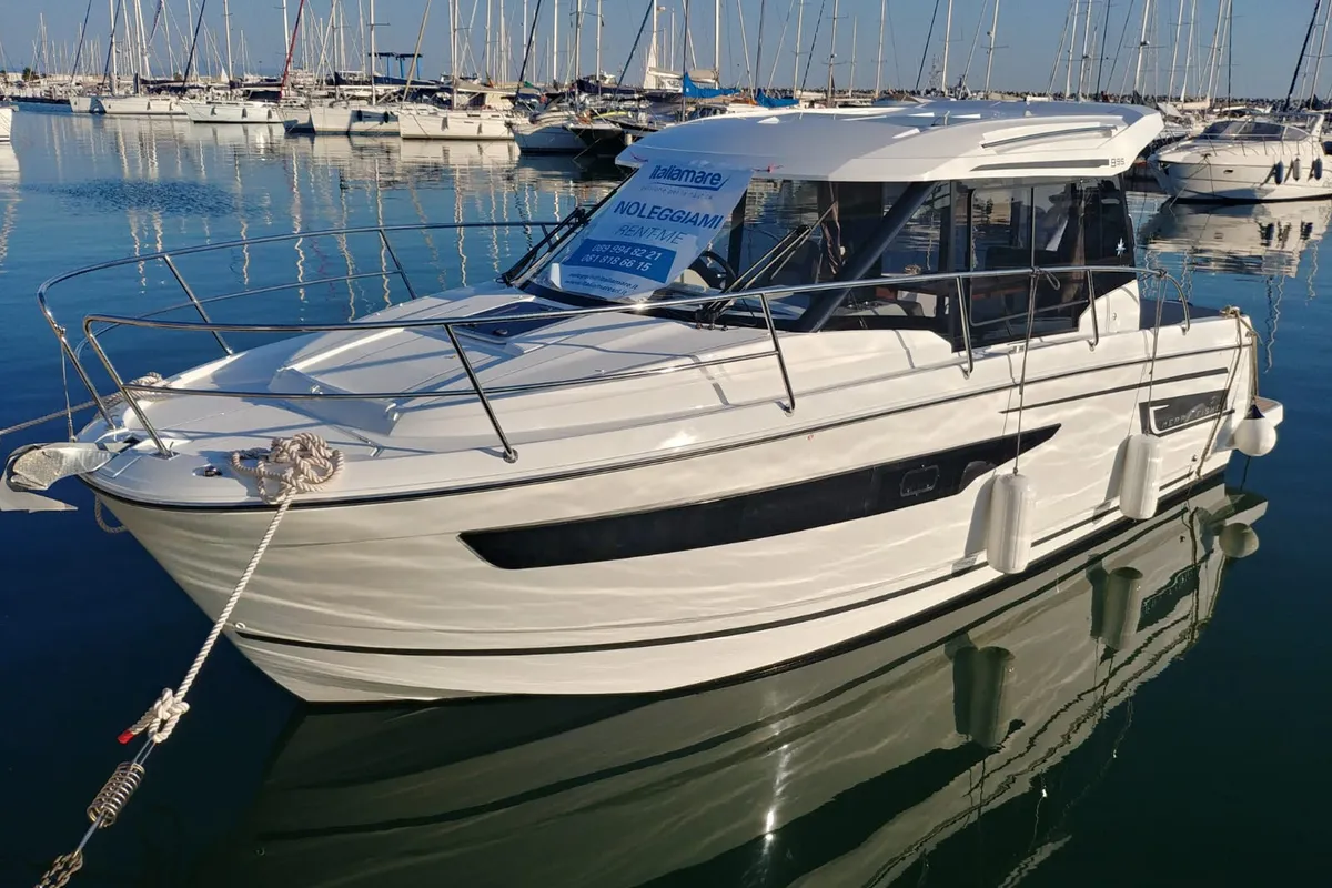 Exterior view of Gloria, a Jeanneau Merry Fisher 895 motorboat at Bacoli, Italy