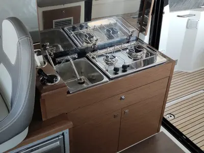 Galley of Gloria, a Jeanneau Merry Fisher 895 motorboat at Bacoli, Italy