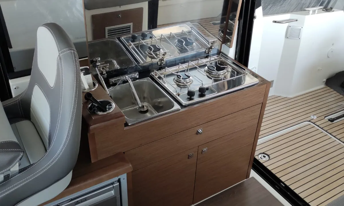 Galley of Gloria, a Jeanneau Merry Fisher 895 motorboat at Bacoli, Italy
