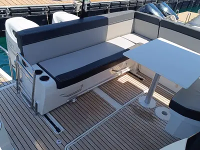 Deck of Gloria, a Jeanneau Merry Fisher 895 motorboat at Bacoli, Italy