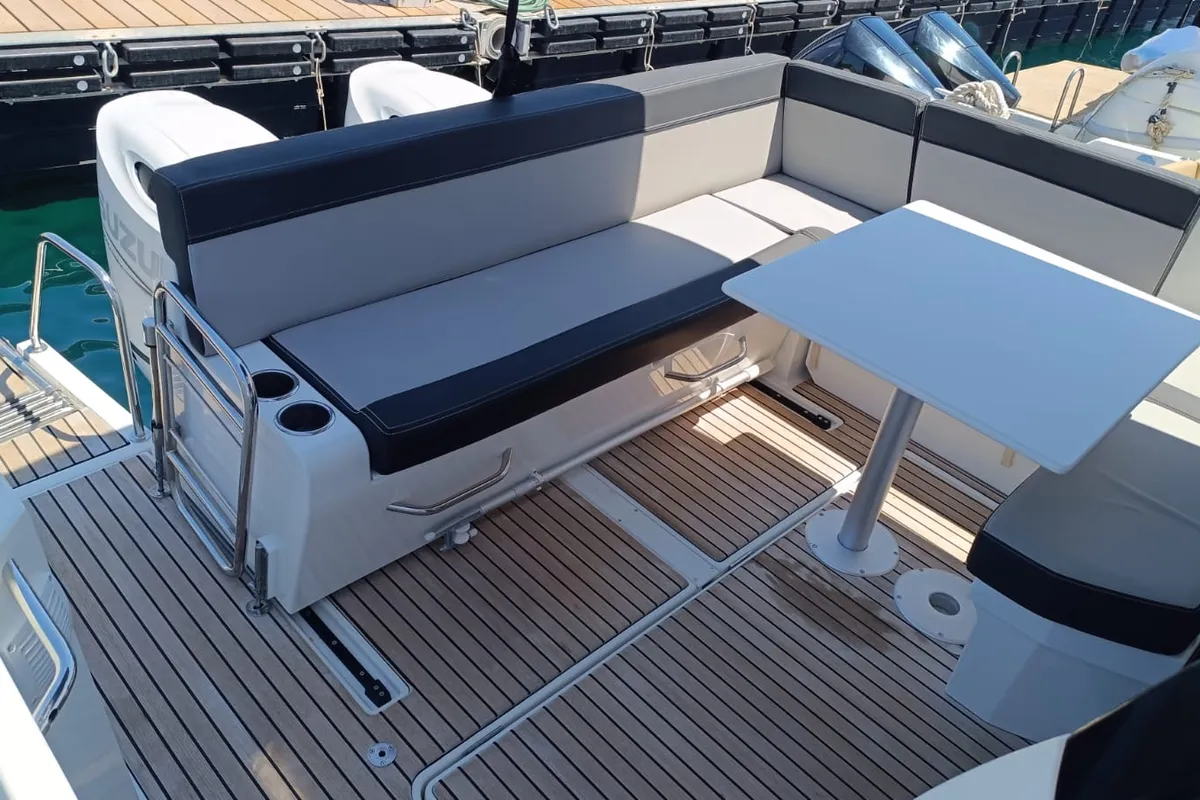 Deck of Gloria, a Jeanneau Merry Fisher 895 motorboat at Bacoli, Italy