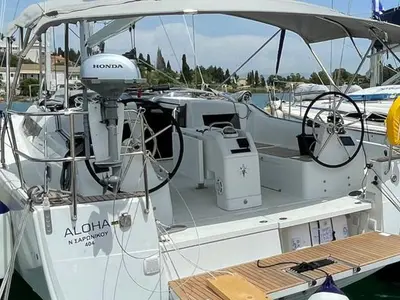 Cockpit of Aloha, a Jeanneau Sun Odyssey 410 sailboat at Kontokali, Greece