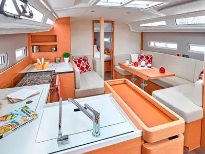 Salon of Aloha, a Jeanneau Sun Odyssey 410 sailboat at Kontokali, Greece