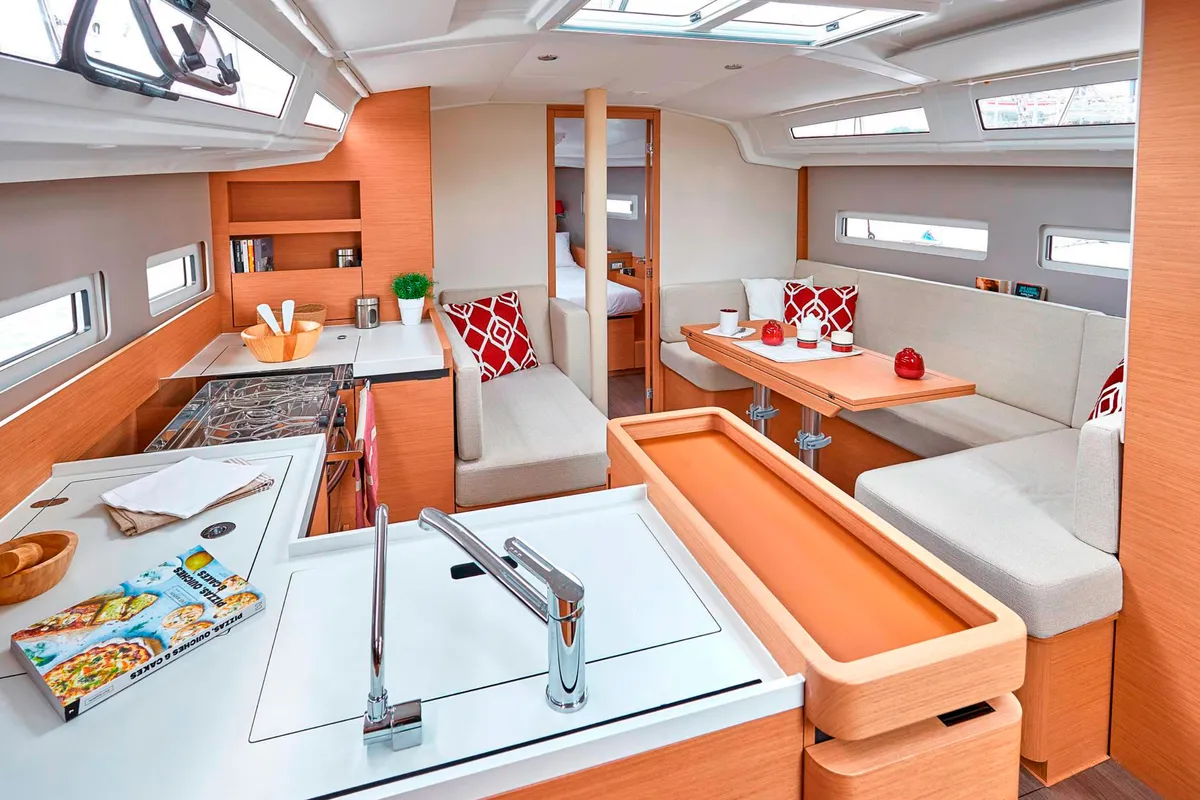 Salon of Aloha, a Jeanneau Sun Odyssey 410 sailboat at Kontokali, Greece