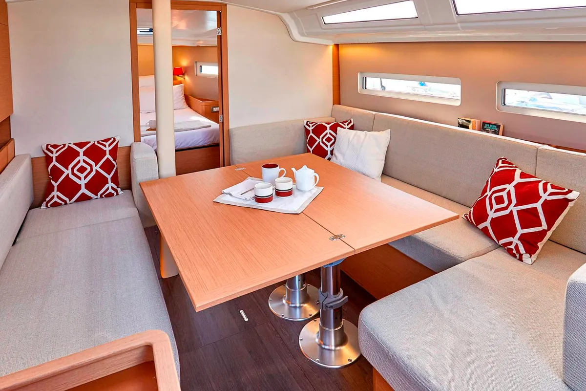 Salon of Aloha, a Jeanneau Sun Odyssey 410 sailboat at Kontokali, Greece
