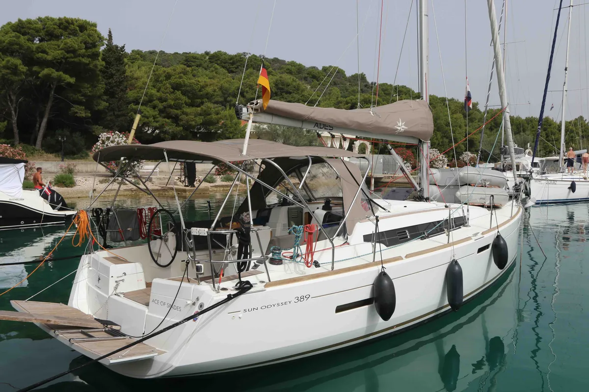 Exterior view of Jeanneau Sun Odyssey 389, a sailboat at Sukošan, Croatia