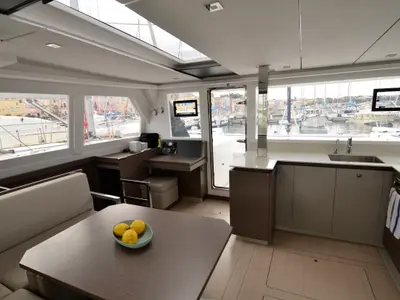 Salon of Myg V, a Leopard 42 catamaran at Procida, Italy