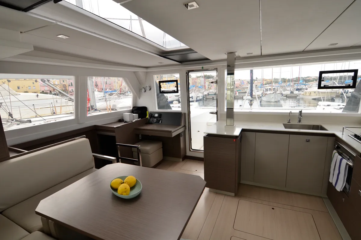 Salon of Myg V, a Leopard 42 catamaran at Procida, Italy