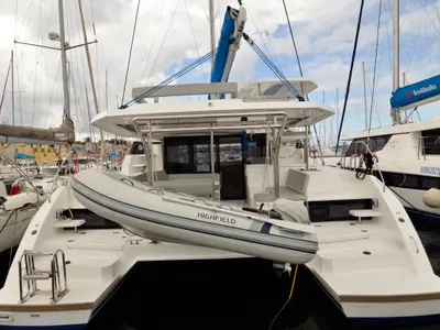 Deck of Myg V, a Leopard 42 catamaran at Procida, Italy