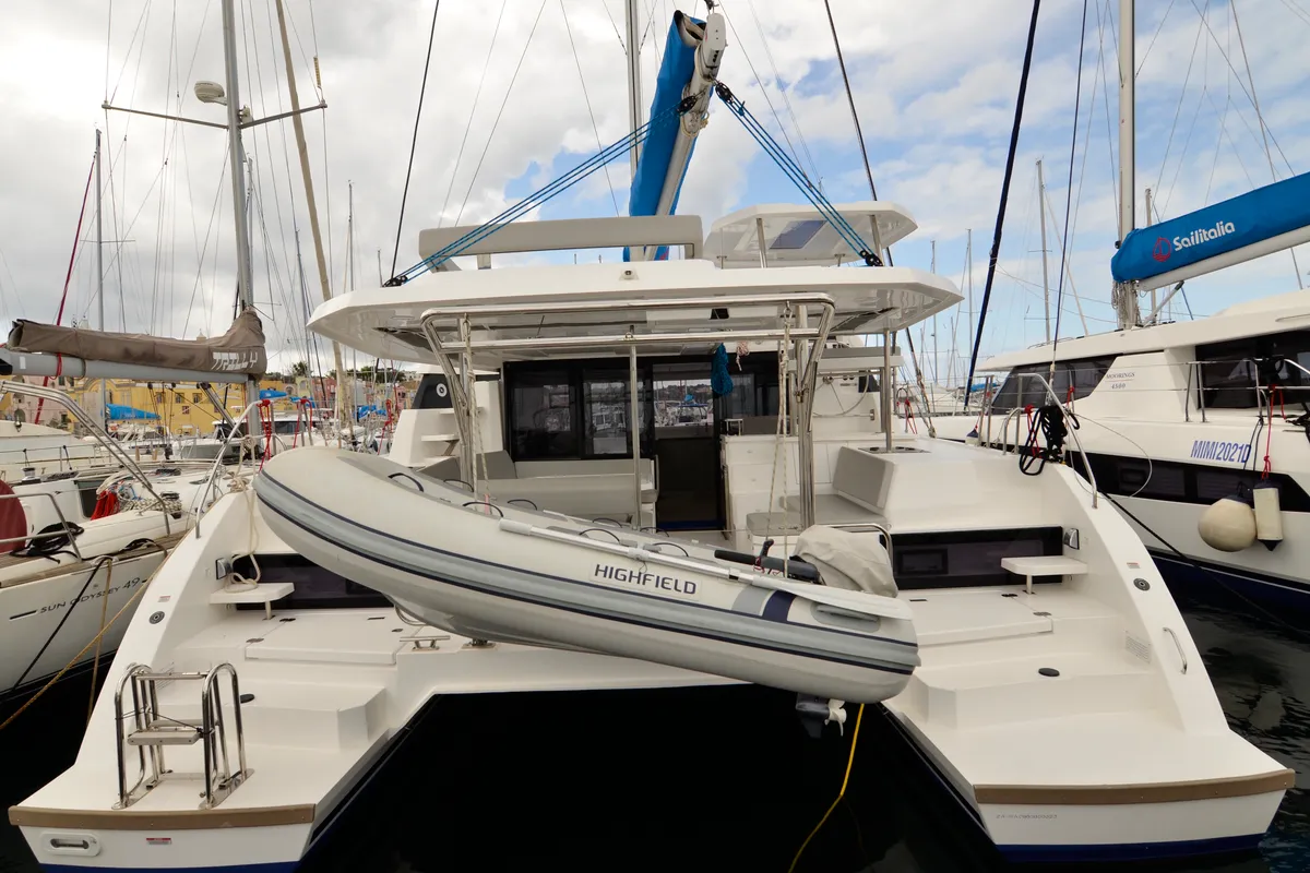 Deck of Myg V, a Leopard 42 catamaran at Procida, Italy