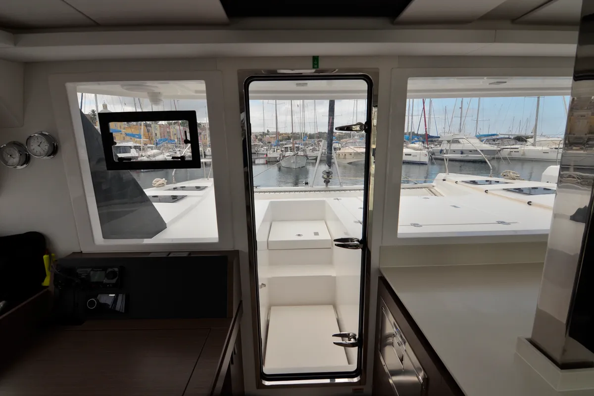 Salon of Myg V, a Leopard 42 catamaran at Procida, Italy