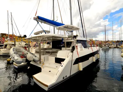 Exterior view of Myg V, a Leopard 42 catamaran at Procida, Italy