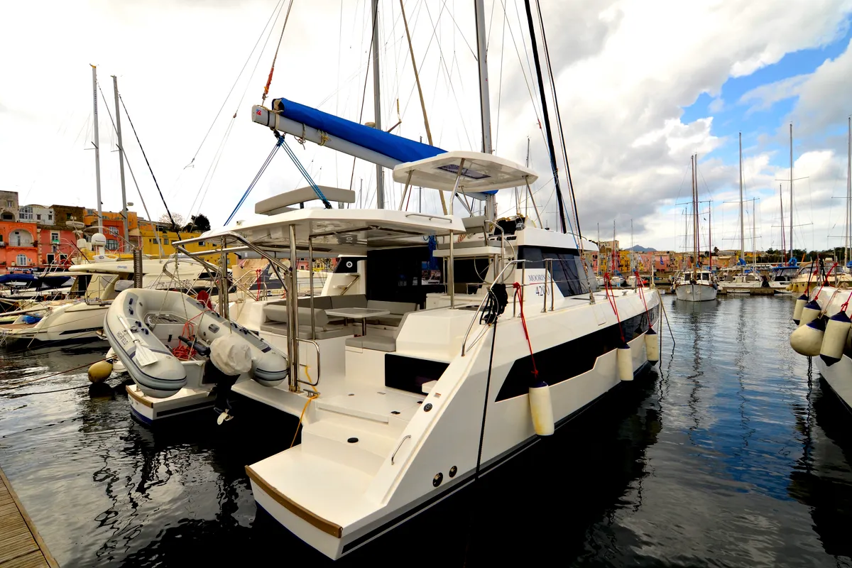 Exterior view of Myg V, a Leopard 42 catamaran at Procida, Italy
