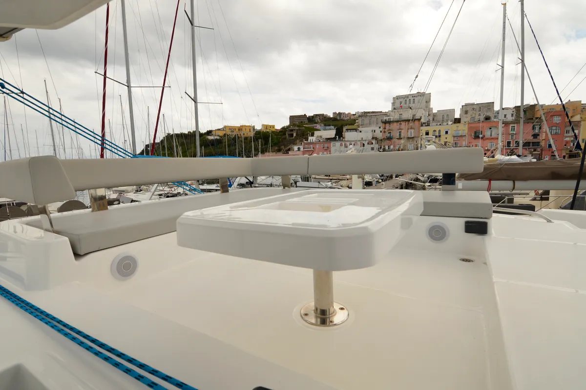 Deck of Myg V, a Leopard 42 catamaran at Procida, Italy