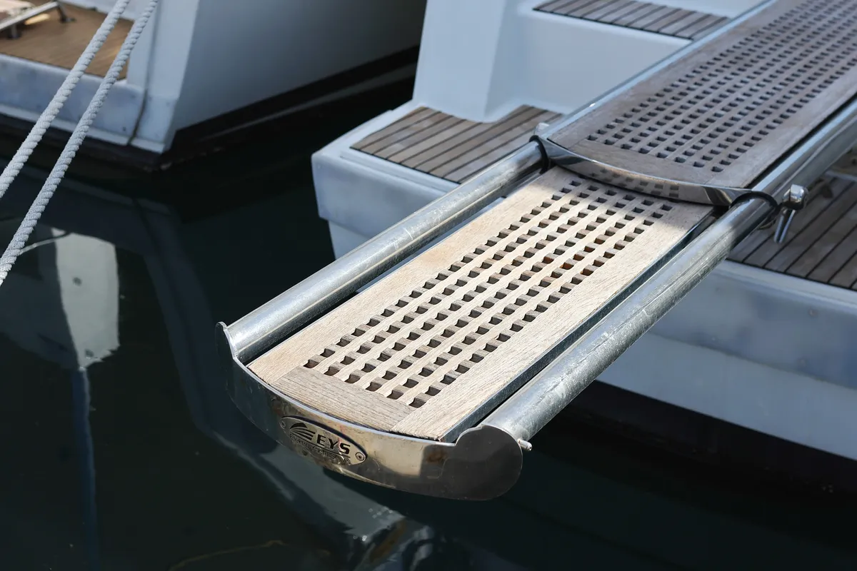 Deck of Tamara V, a Fountaine Pajot Saona 47 Quintet catamaran at Grad Trogir, Croatia