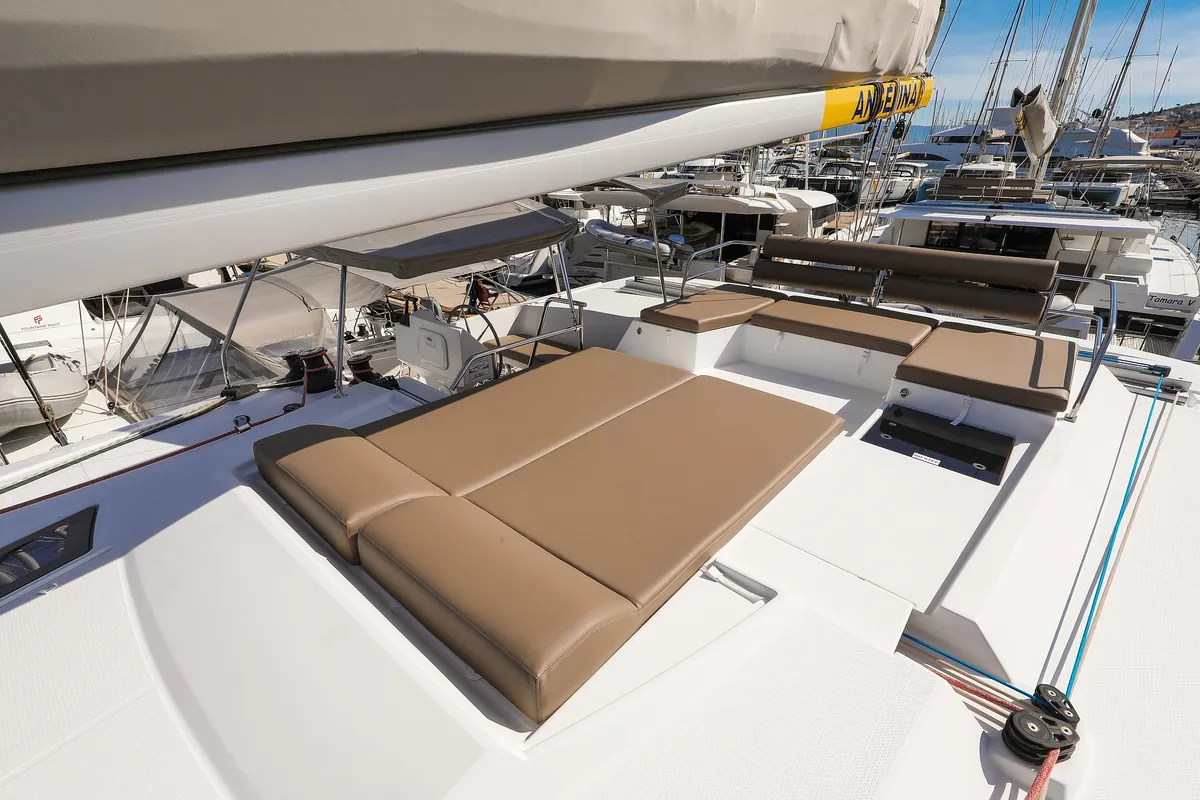 Deck of Tamara V, a Fountaine Pajot Saona 47 Quintet catamaran at Grad Trogir, Croatia