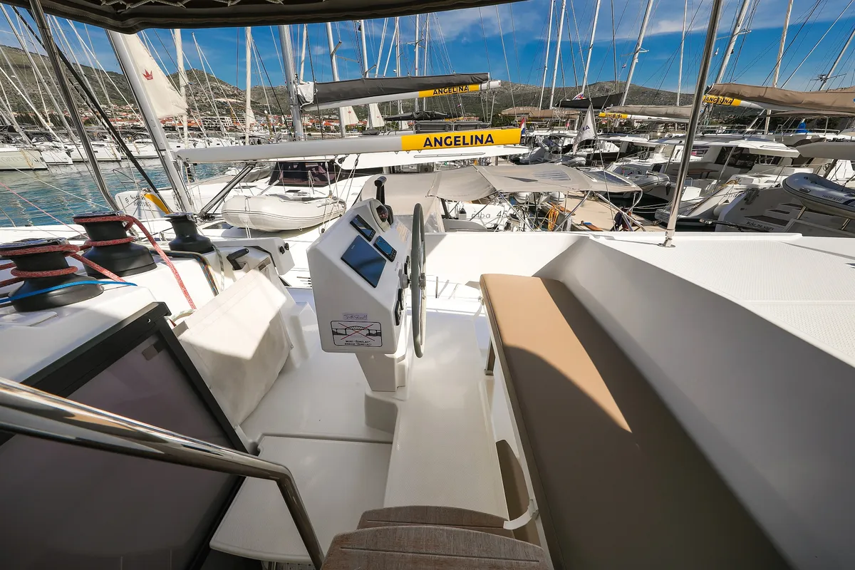 Cockpit of Tamara V, a Fountaine Pajot Saona 47 Quintet catamaran at Grad Trogir, Croatia