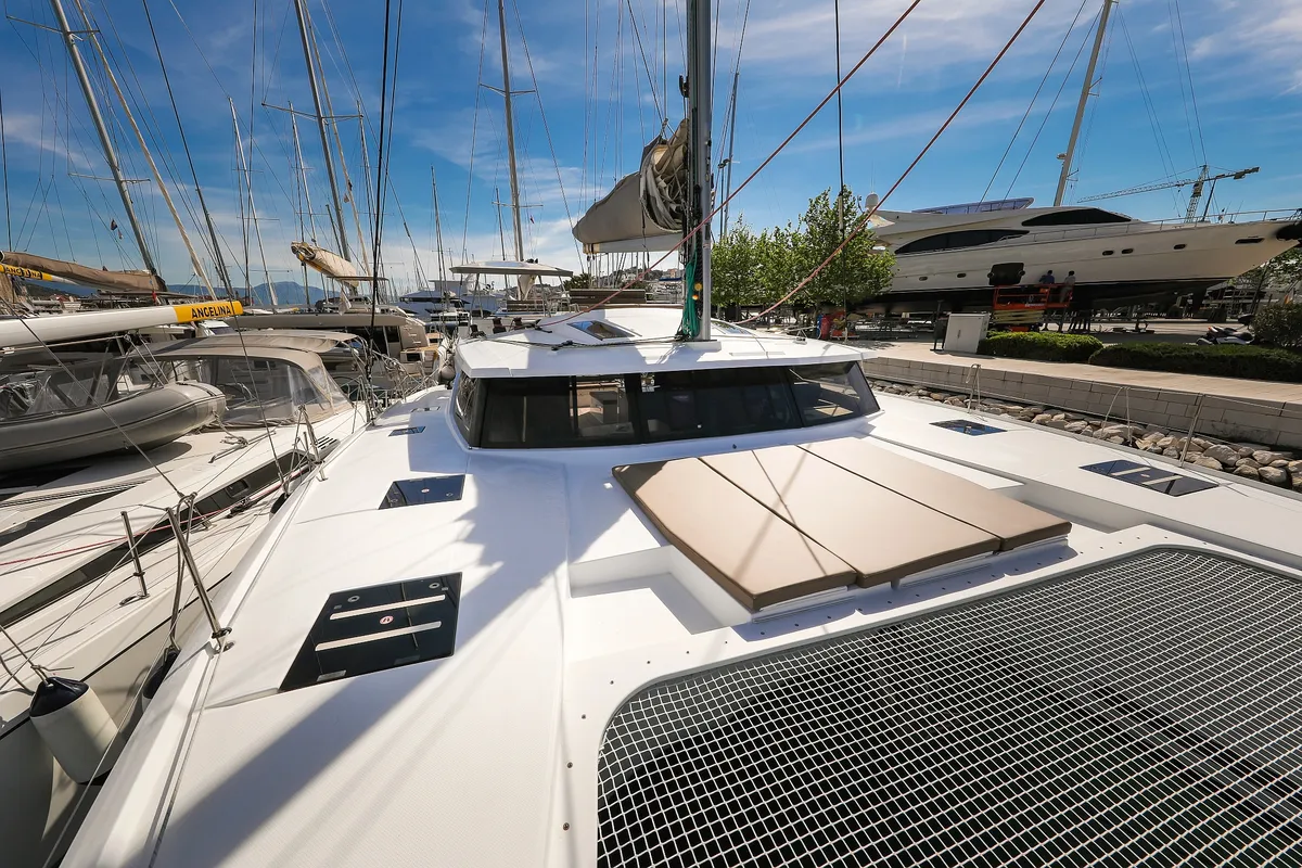 Deck of Tamara V, a Fountaine Pajot Saona 47 Quintet catamaran at Grad Trogir, Croatia