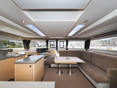 Salon of Tamara V, a Fountaine Pajot Saona 47 Quintet catamaran at Grad Trogir, Croatia