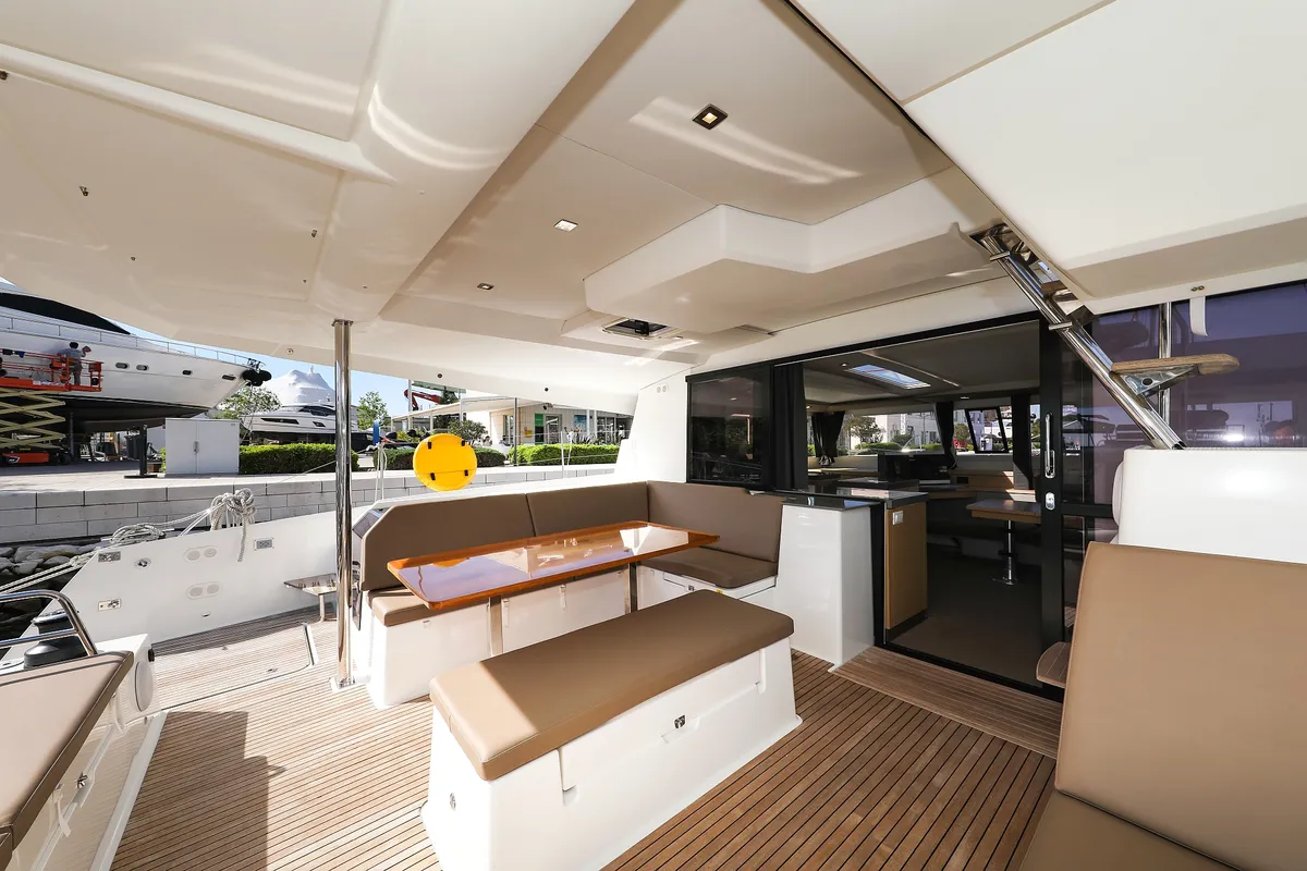 Deck of Tamara V, a Fountaine Pajot Saona 47 Quintet catamaran at Grad Trogir, Croatia