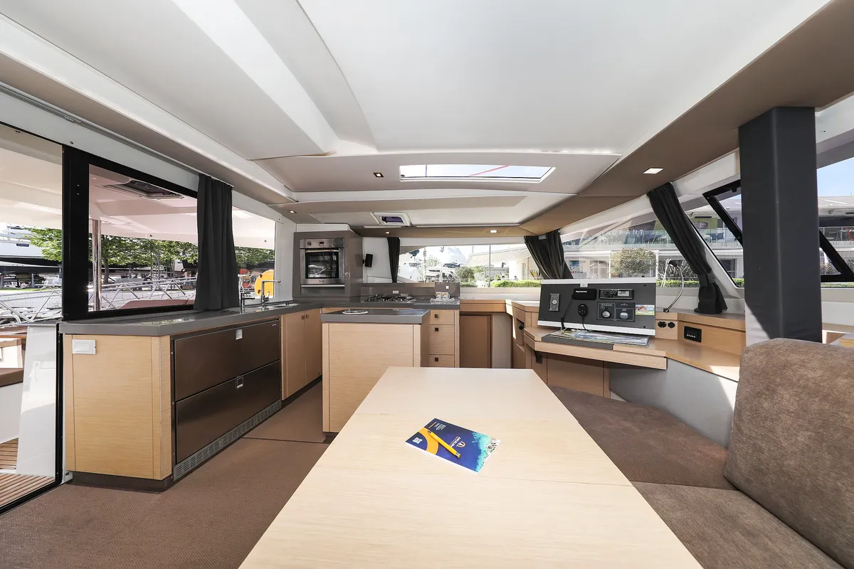 Salon of Tamara V, a Fountaine Pajot Saona 47 Quintet catamaran at Grad Trogir, Croatia
