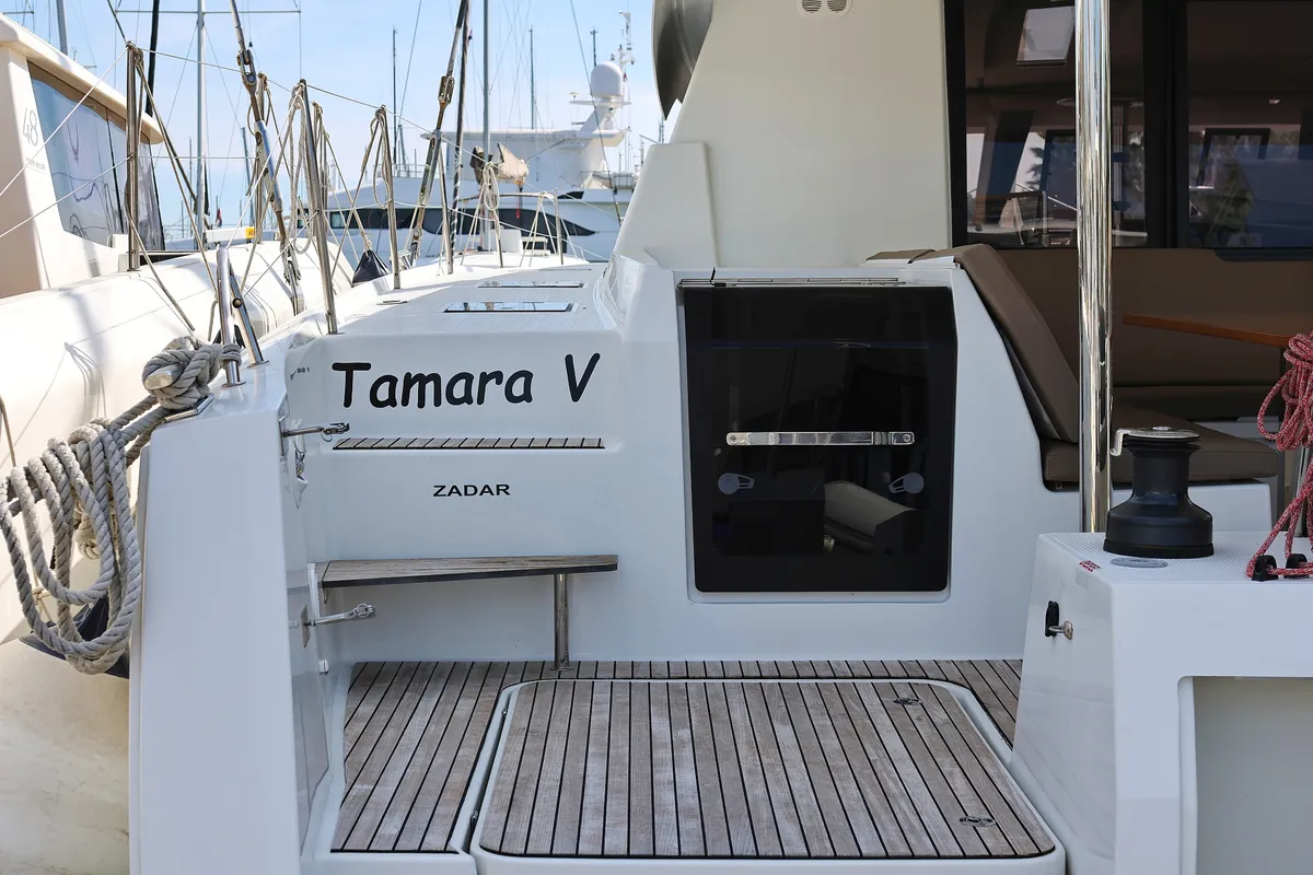 Deck of Tamara V, a Fountaine Pajot Saona 47 Quintet catamaran at Grad Trogir, Croatia