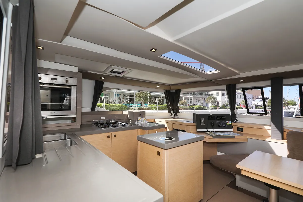 Galley of Tamara V, a Fountaine Pajot Saona 47 Quintet catamaran at Grad Trogir, Croatia