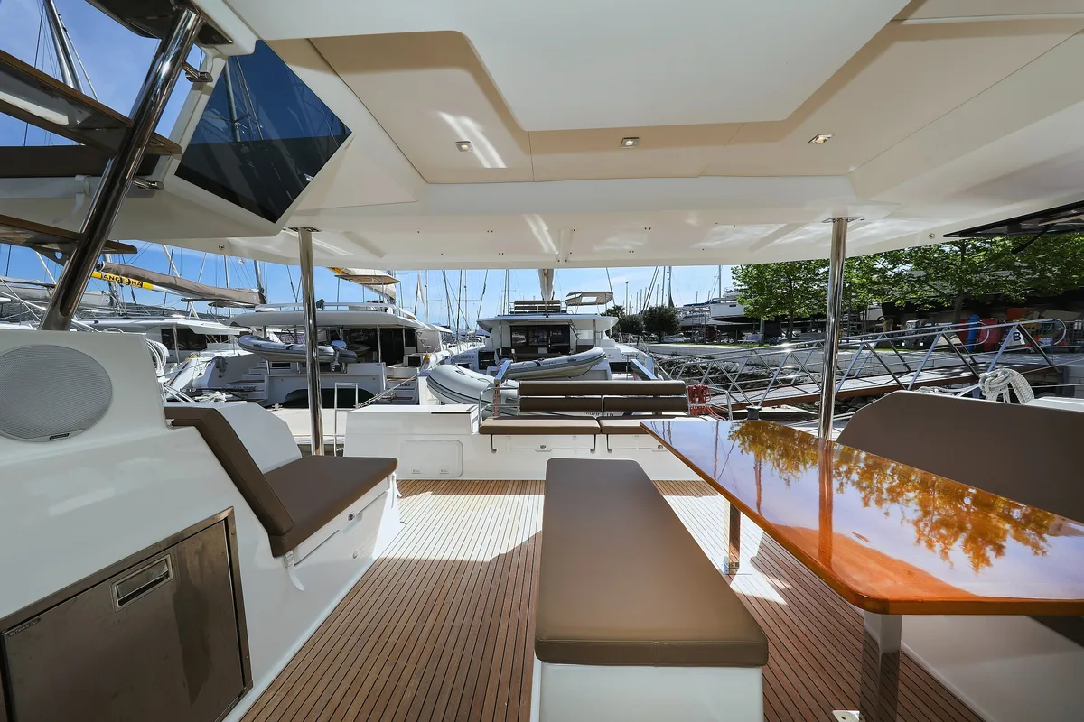 Deck of Tamara V, a Fountaine Pajot Saona 47 Quintet catamaran at Grad Trogir, Croatia