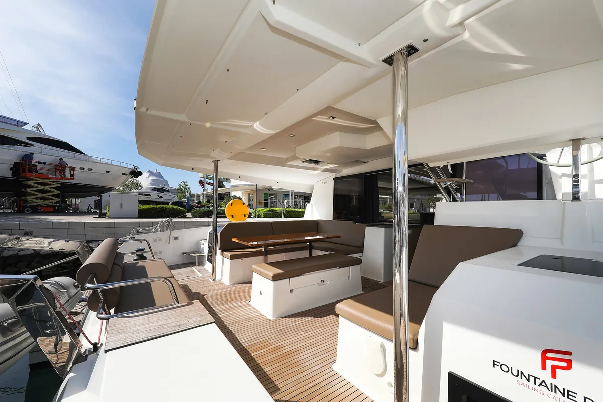 Deck of Tamara V, a Fountaine Pajot Saona 47 Quintet catamaran at Grad Trogir, Croatia