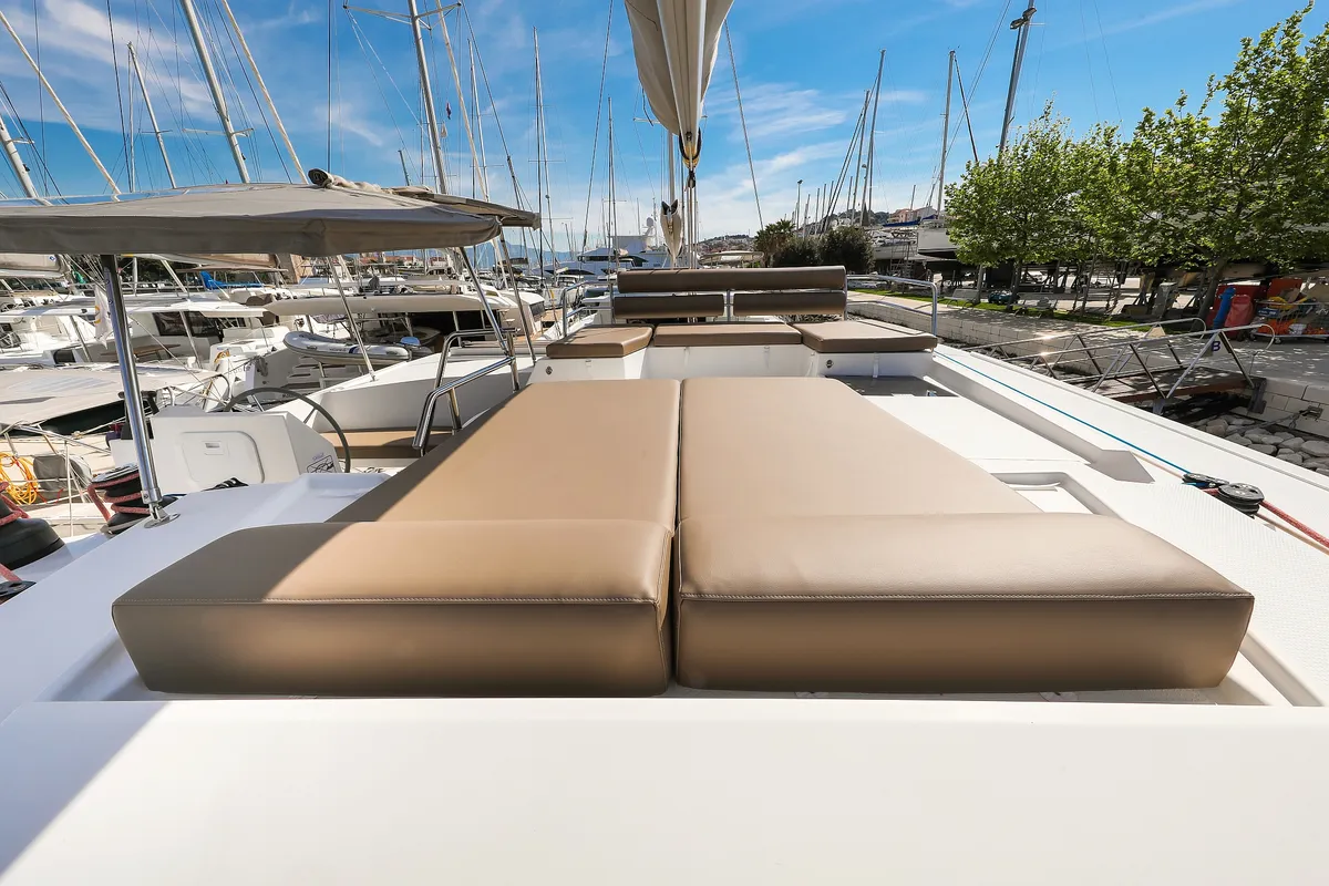 Deck of Tamara V, a Fountaine Pajot Saona 47 Quintet catamaran at Grad Trogir, Croatia