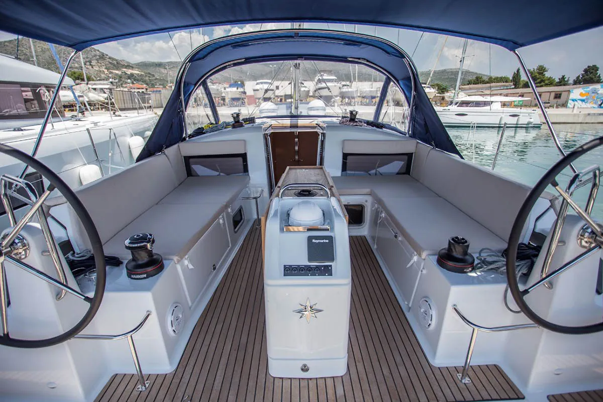 Cockpit of Martina, a Jeanneau Sun Odyssey 440 sailboat at Seget Donji, Croatia