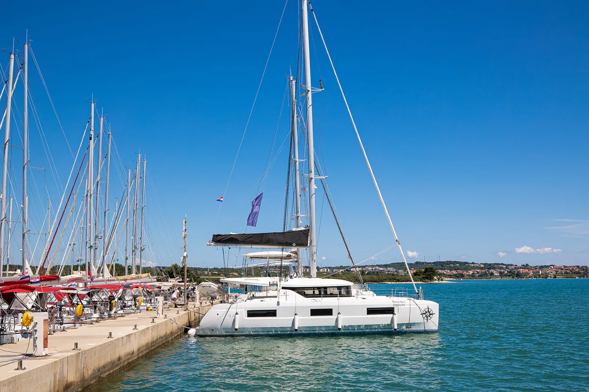 Exterior view of Manta Maris, a Lagoon 46 catamaran at Općina Medulin, Croatia