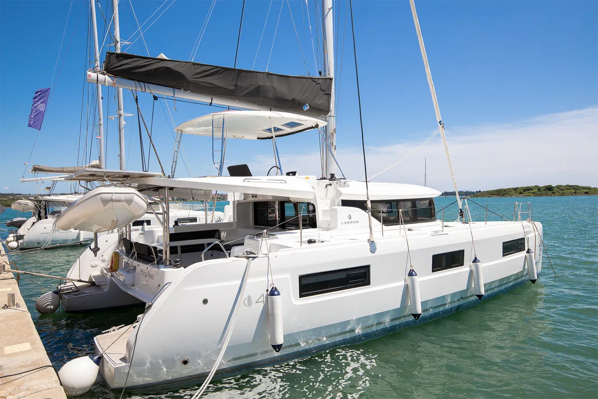 Exterior view of Manta Maris, a Lagoon 46 catamaran at Općina Medulin, Croatia